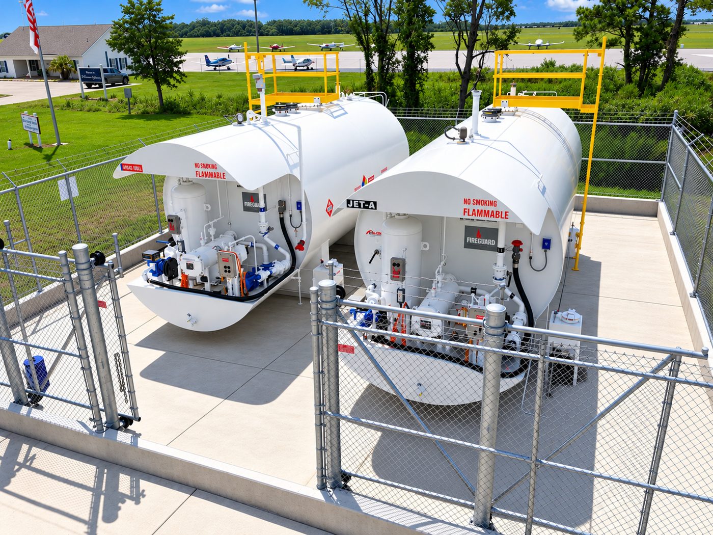 Two aviation fuel storage tanks inside a fenced fuel farm at an airport